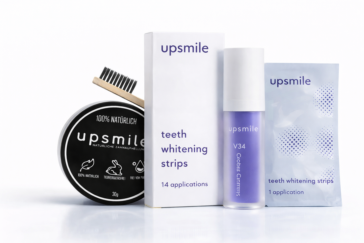 UpSmile Power Whitening Set mit Aktivkohle, PAP+ Strips und V34 Colour Corrector